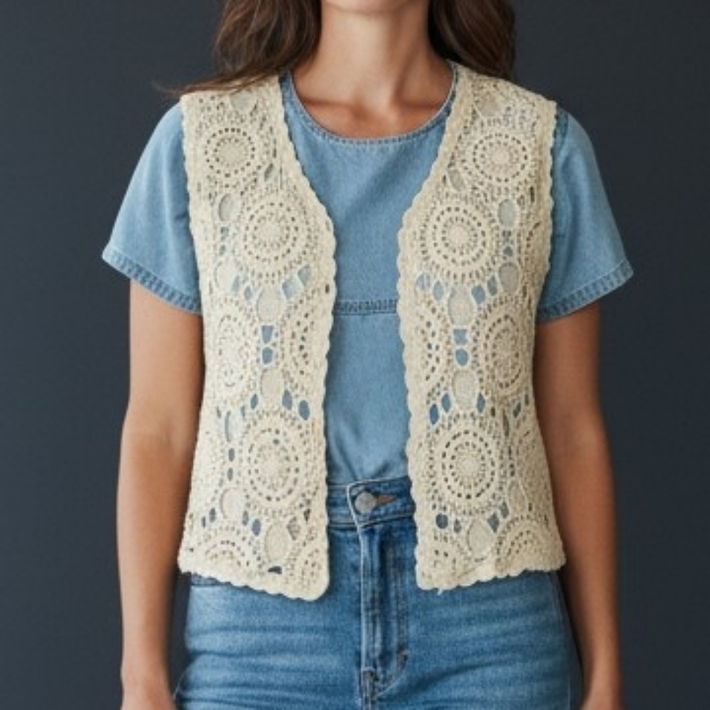 VTG NOILE SILK EXCHANGE Boho Ivory Crochet Doily Boho Cropped Waistcoat Vest